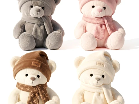 Set soft plush toy children teddy bear scarf hat decor 3D Model
