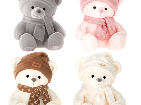 Set soft plush toy children teddy bear scarf hat decor 3D Model