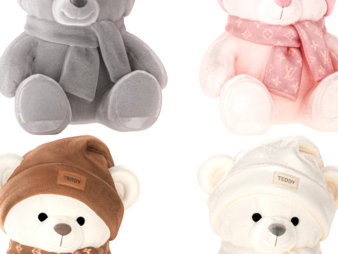 Set soft plush toy children teddy bear scarf hat decor 3D Model