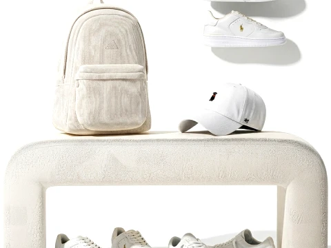 White benches minimalist shoes sneakers cap bag hallway interior 3D Model