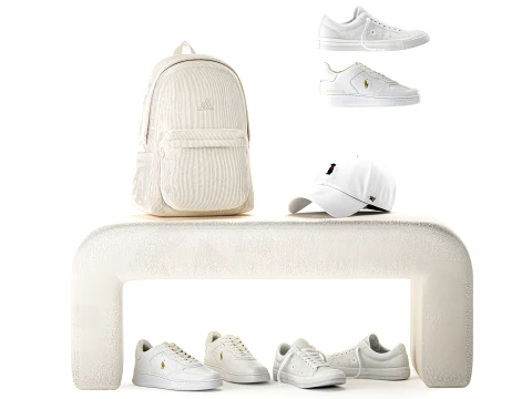 White benches minimalist shoes sneakers cap bag hallway interior 3D Model