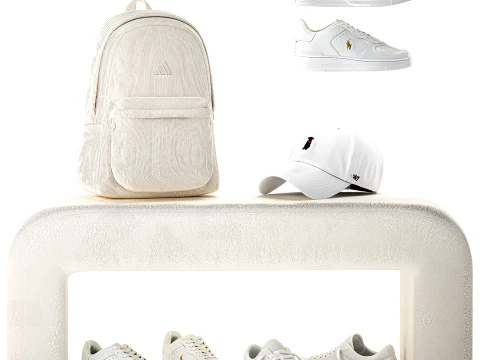 White benches minimalist shoes sneakers cap bag hallway interior 3D Model