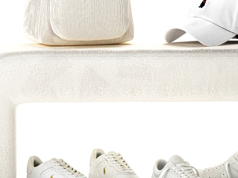 White benches minimalist shoes sneakers cap bag hallway interior 3D Model