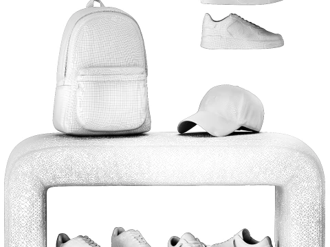 White benches minimalist shoes sneakers cap bag hallway interior 3D Model