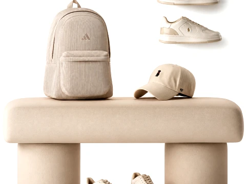 Sapatos de banco minimalistas bege, t&ecirc;nis, decora&ccedil;&atilde;o de interiores Modelo 3D