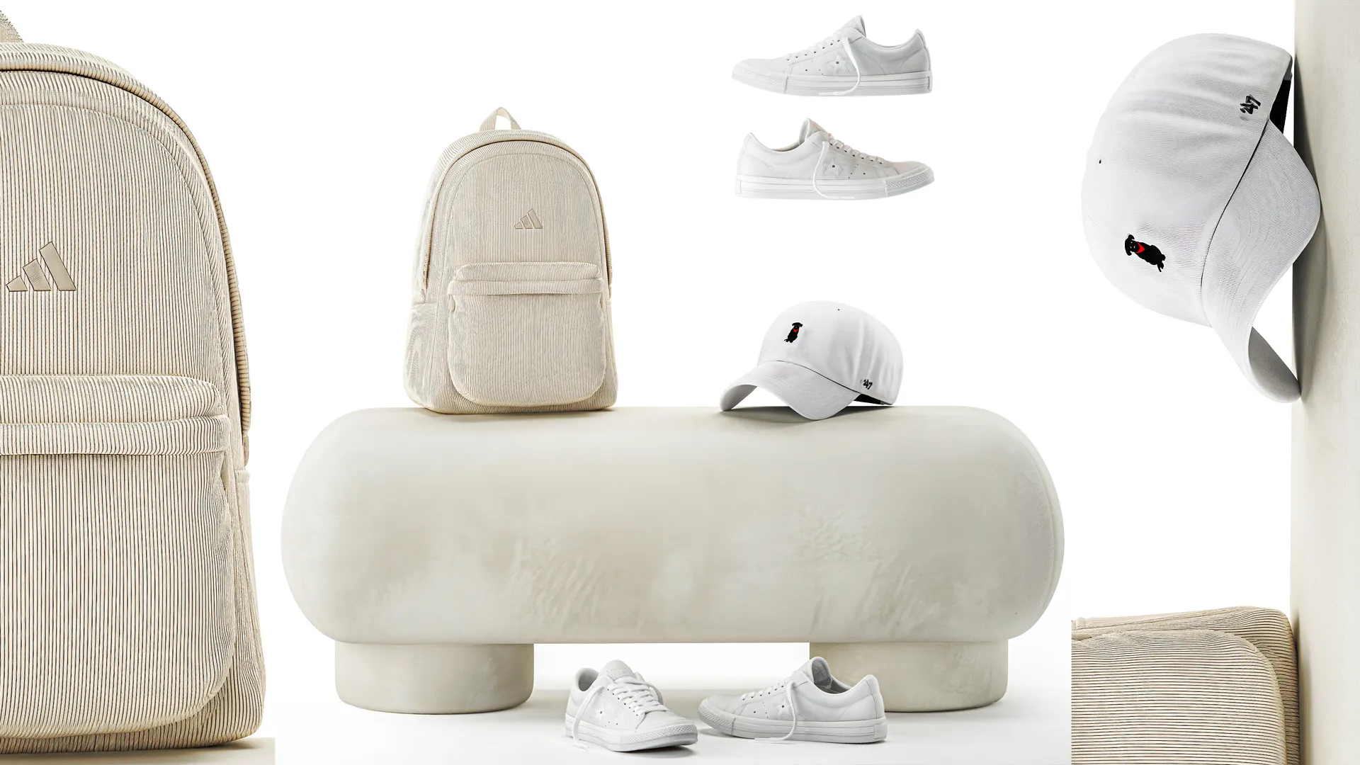White benches minimalist shoes sneakers cap bag hallway interior 3D Model .c4d .max .obj .3ds .fbx .stl .blend 