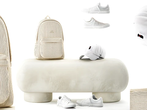 White benches minimalist shoes sneakers cap bag hallway interior 3D Model