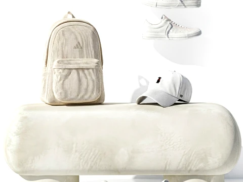 White benches minimalist shoes sneakers cap bag hallway interior 3D Model