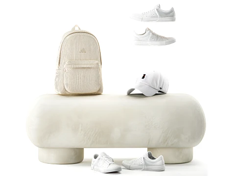 White benches minimalist shoes sneakers cap bag hallway interior 3D Model