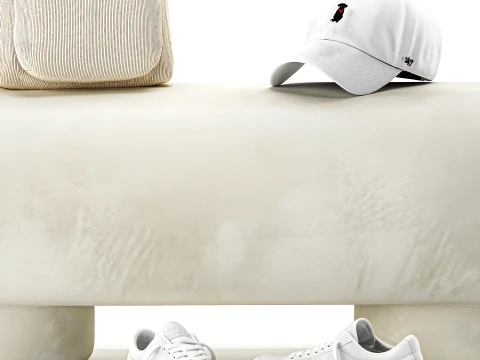 White benches minimalist shoes sneakers cap bag hallway interior 3D Model