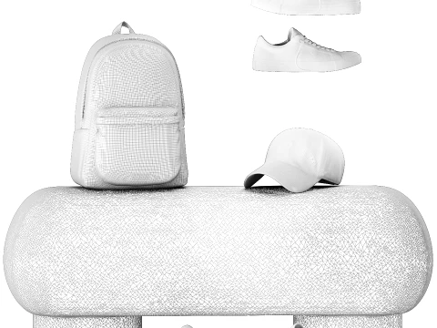 White benches minimalist shoes sneakers cap bag hallway interior 3D Model