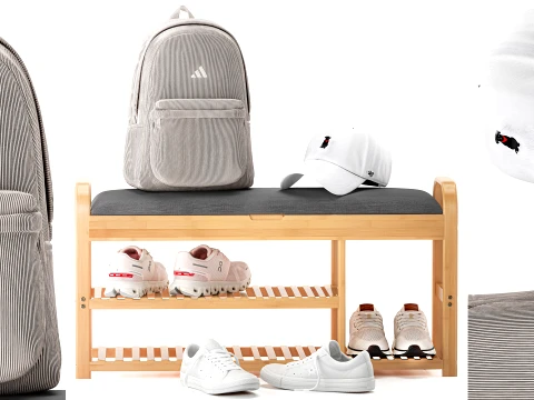 Banc &eacute;tag&egrave;re &agrave; chaussures couloir sac &agrave; dos baskets casquette ensemble Modèle 3D