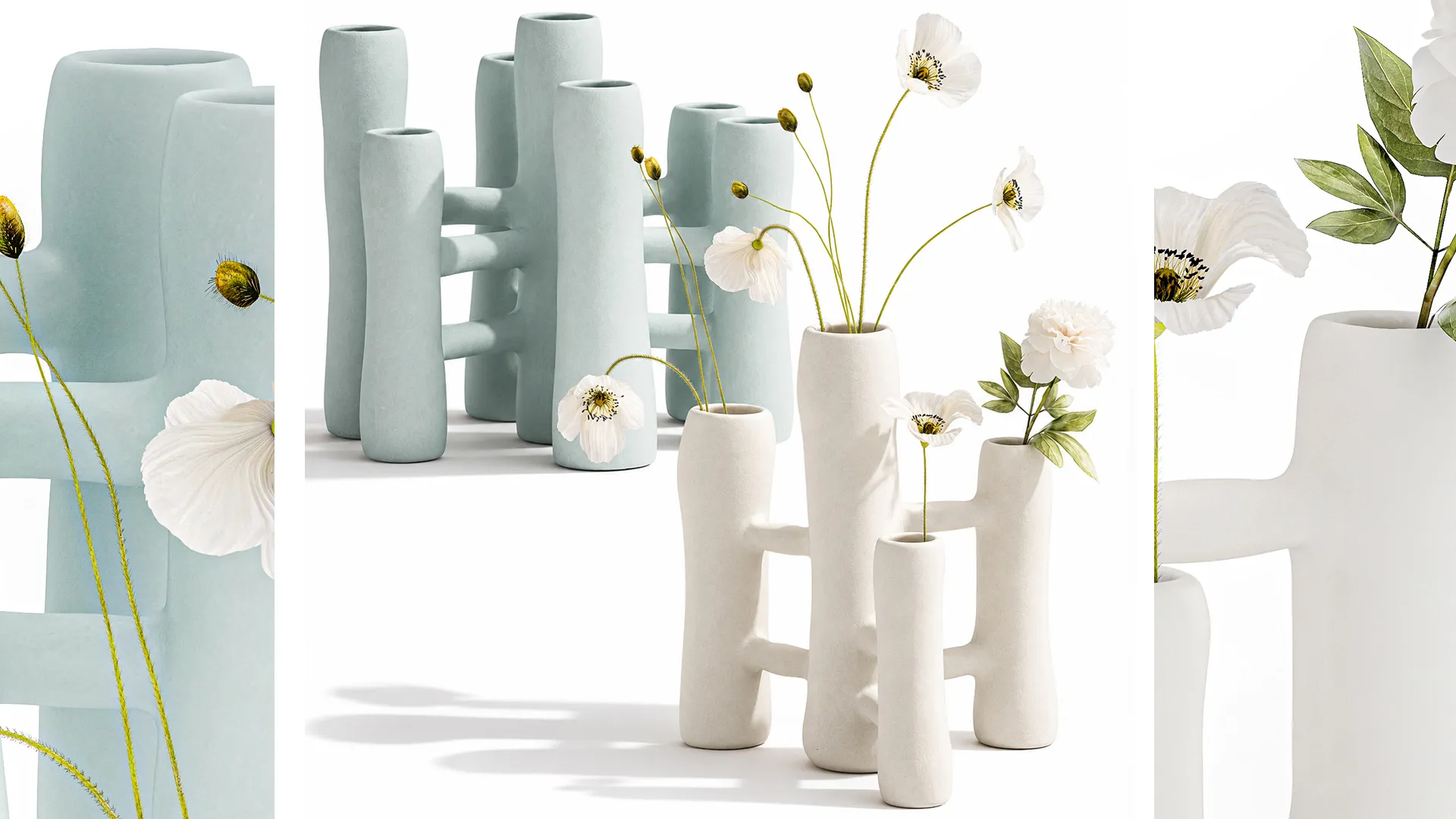 Minimalist bouquet white poppy peony Italian vases decor set 3D Model .c4d .max .obj .3ds .fbx .stl .blend 