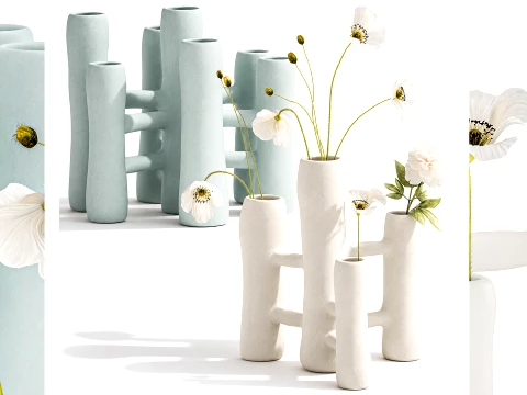 Minimalistischer Blumenstrau&szlig; aus wei&szlig;en Mohn- und Pfingstrosen, italienisches Vasen-Dekor-Set 3D Modell