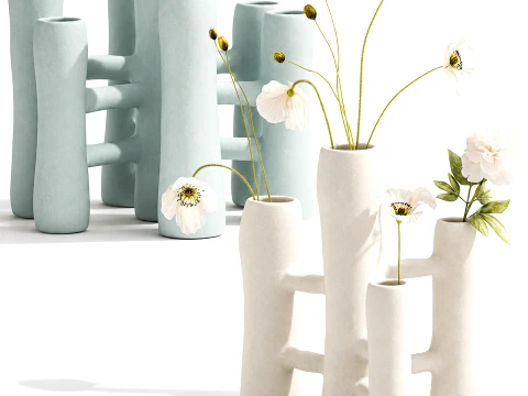 Minimalist bouquet white poppy peony Italian vases decor set 3D Model