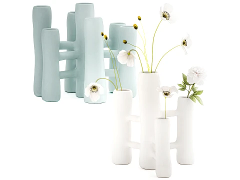 Minimalist bouquet white poppy peony Italian vases decor set 3D Model