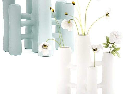 Minimalist bouquet white poppy peony Italian vases decor set 3D Model