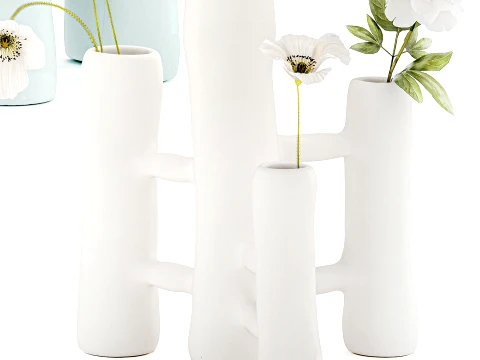 Minimalist bouquet white poppy peony Italian vases decor set 3D Model