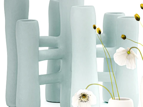 Minimalist bouquet white poppy peony Italian vases decor set 3D Model