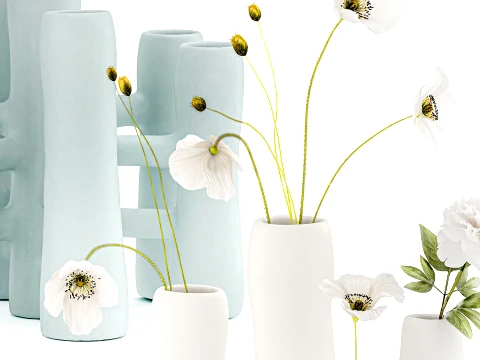 Minimalist bouquet white poppy peony Italian vases decor set 3D Model
