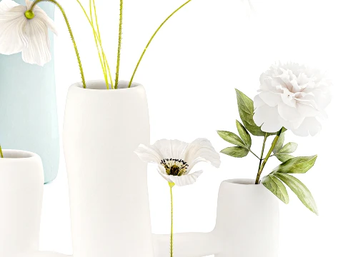 Minimalist bouquet white poppy peony Italian vases decor set 3D Model