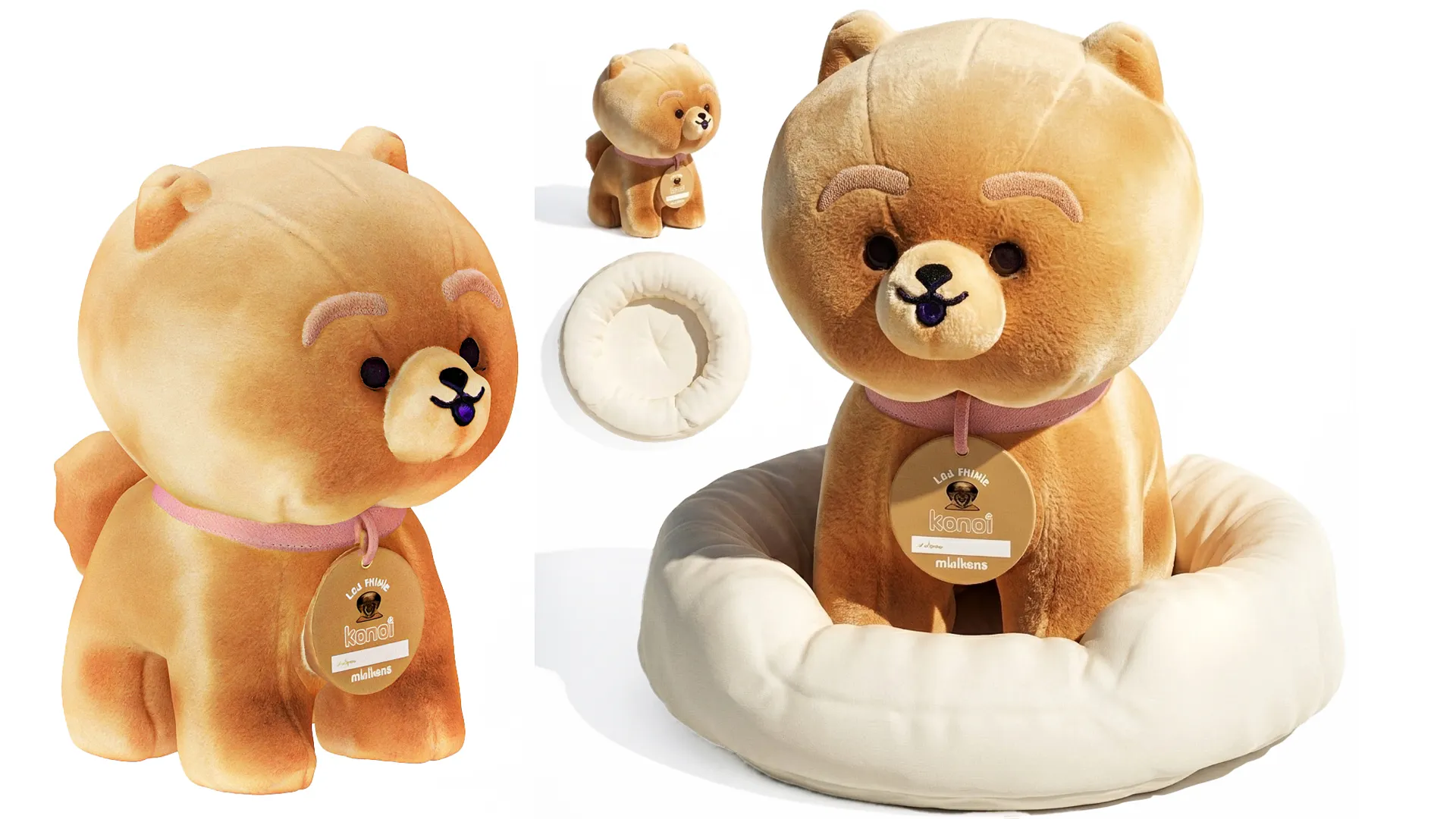 Soft Plush Toy Dog Puppy with Round Basket Bed 3D Model .c4d .max .obj .3ds .fbx .stl .blend