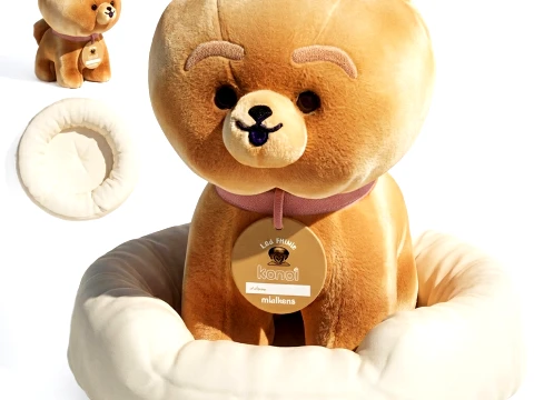 Soft Plush Toy Dog Puppy with Round Basket Bed 3D Model