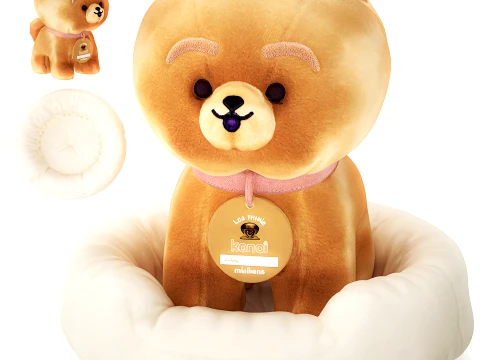 Soft Plush Toy Dog Puppy with Round Basket Bed 3D Model