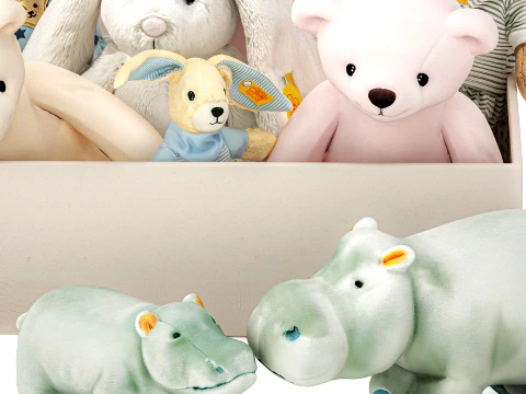 Soft plush children toys set pajamas teddy bear hippo box 3D Model