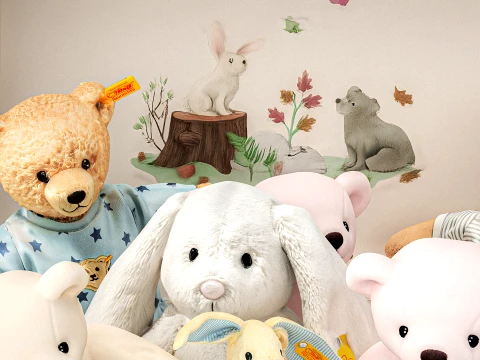 Soft plush children toys set pajamas teddy bear hippo box 3D Model
