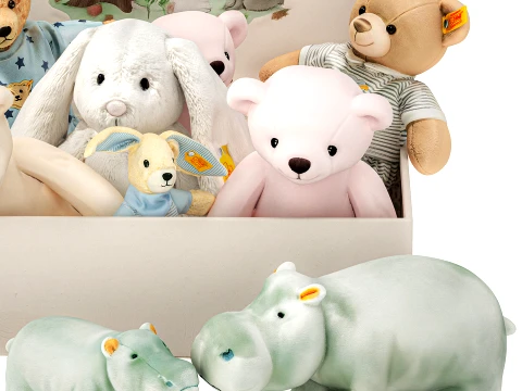 Soft plush children toys set pajamas teddy bear hippo box 3D Model