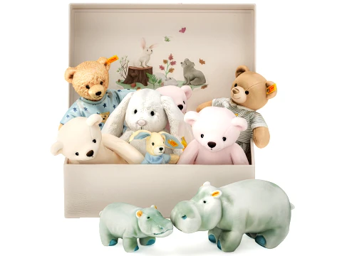 Soft plush children toys set pajamas teddy bear hippo box 3D Model