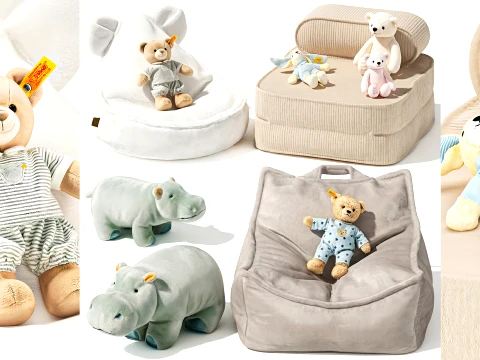 Soft plush children toys set teddy bear hippo ottoman pouf 3D Model