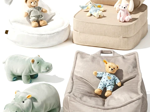 Soft plush children toys set teddy bear hippo ottoman pouf 3D Model