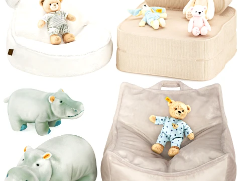 Soft plush children toys set teddy bear hippo ottoman pouf 3D Model