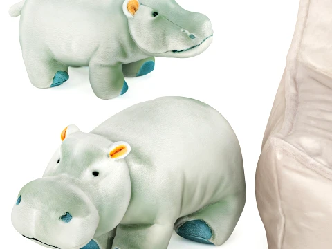 Soft plush children toys set teddy bear hippo ottoman pouf 3D Model