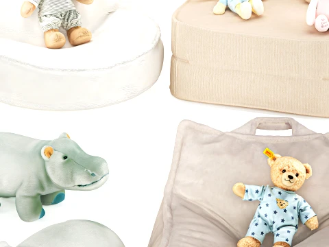 Soft plush children toys set teddy bear hippo ottoman pouf 3D Model
