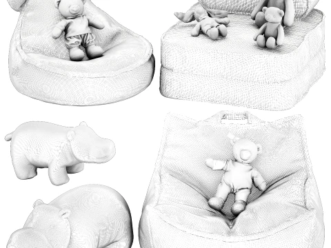 Soft plush children toys set teddy bear hippo ottoman pouf 3D Model