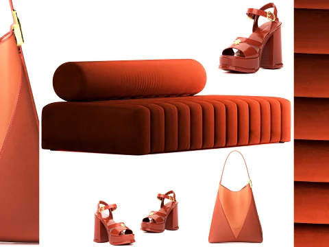 Red ottoman sofa set hallway women shoes bag decor 3D Model