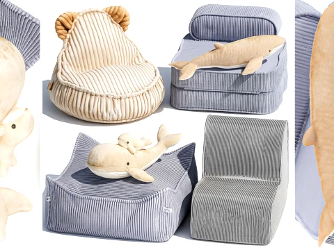 Morbidi giocattoli per bambini pouf set poltrona pouf balena delfino Modello 3D