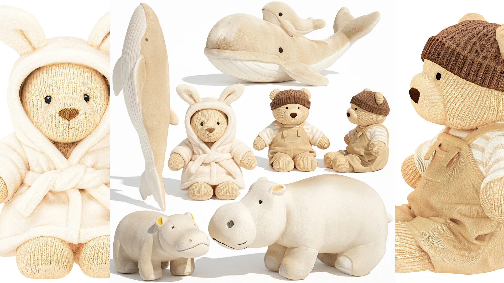 Soft plush toys teddy bear whale hippo fish marine 3D Model .c4d .max .obj .3ds .fbx .stl .blend