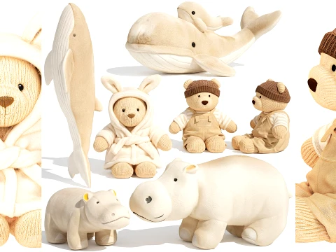 Soft plush toys teddy bear whale hippo fish marine 3D Model