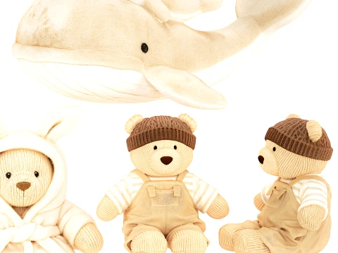 Soft plush toys teddy bear whale hippo fish marine 3D Model