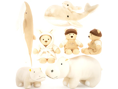 Soft plush toys teddy bear whale hippo fish marine 3D Model