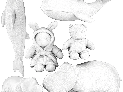 Soft plush toys teddy bear whale hippo fish marine 3D Model