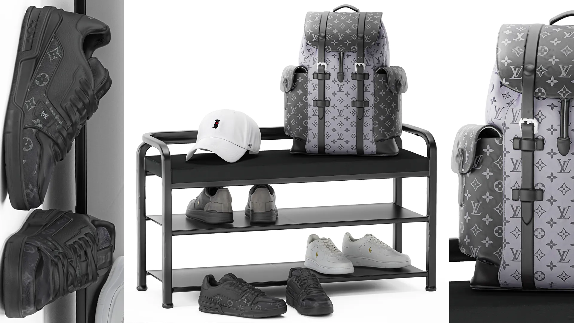 Black Bench Shoe Rack Hallway Sneakers Cap Bag Wardrobe 3D Model .c4d .max .obj .3ds .fbx .stl .blend 