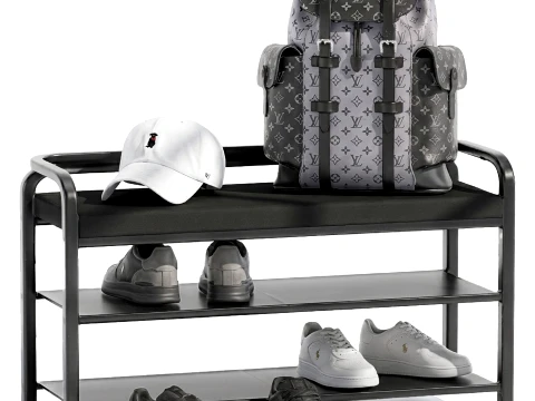 Black Bench Shoe Rack Hallway Sneakers Cap Bag Wardrobe 3D Model