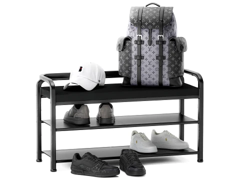 Black Bench Shoe Rack Hallway Sneakers Cap Bag Wardrobe 3D Model