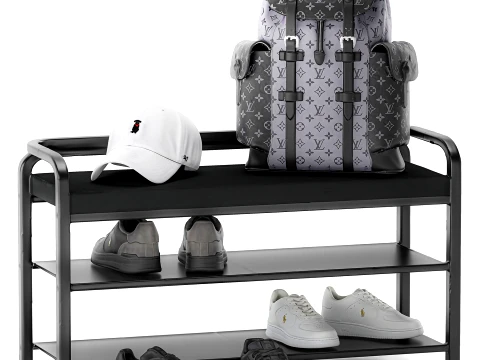 Black Bench Shoe Rack Hallway Sneakers Cap Bag Wardrobe 3D Model