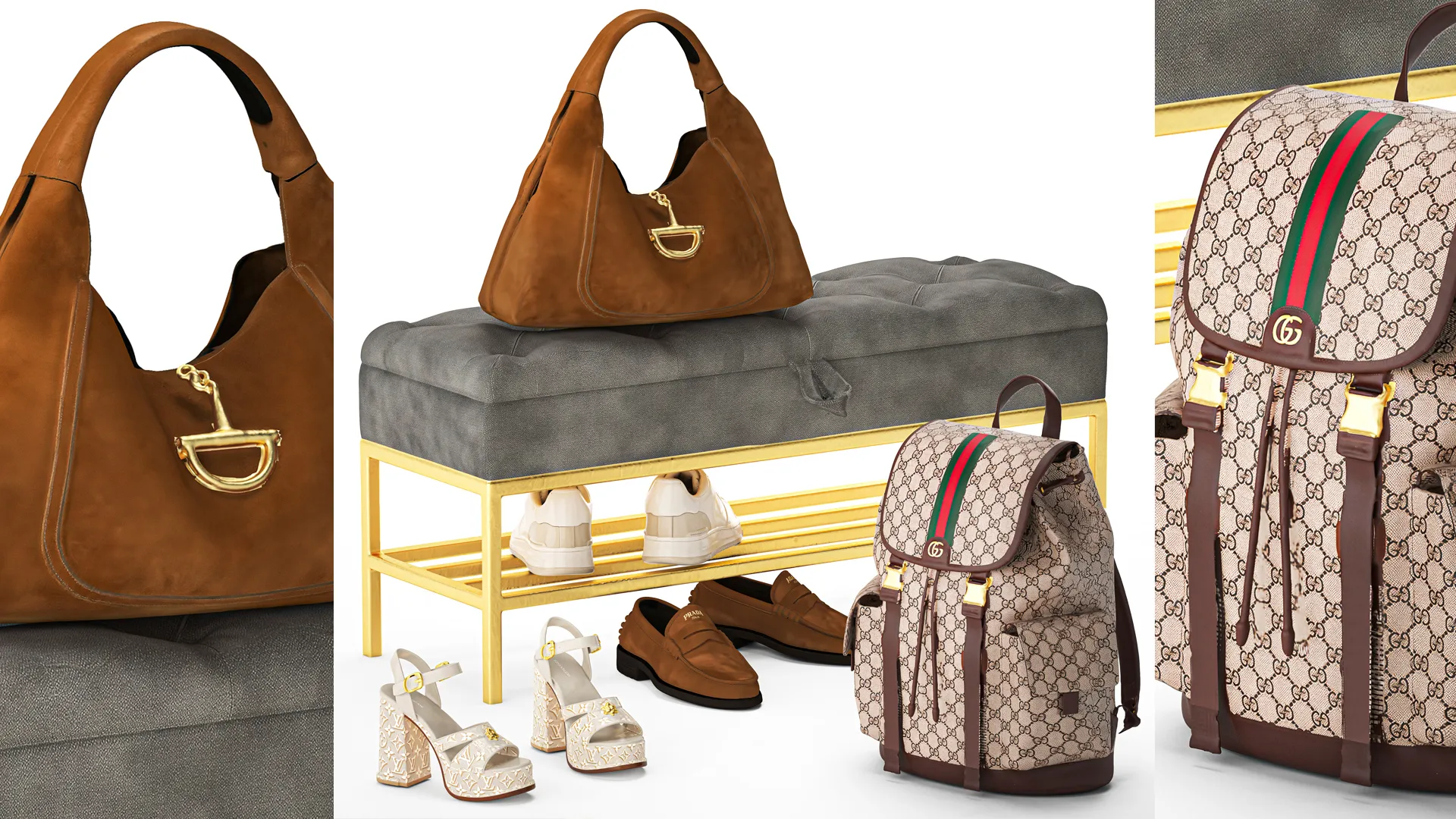 Set bench shoe rack sneakers Gu cci bag backpack 3D Model .c4d .max .obj .3ds .fbx .stl .blend 